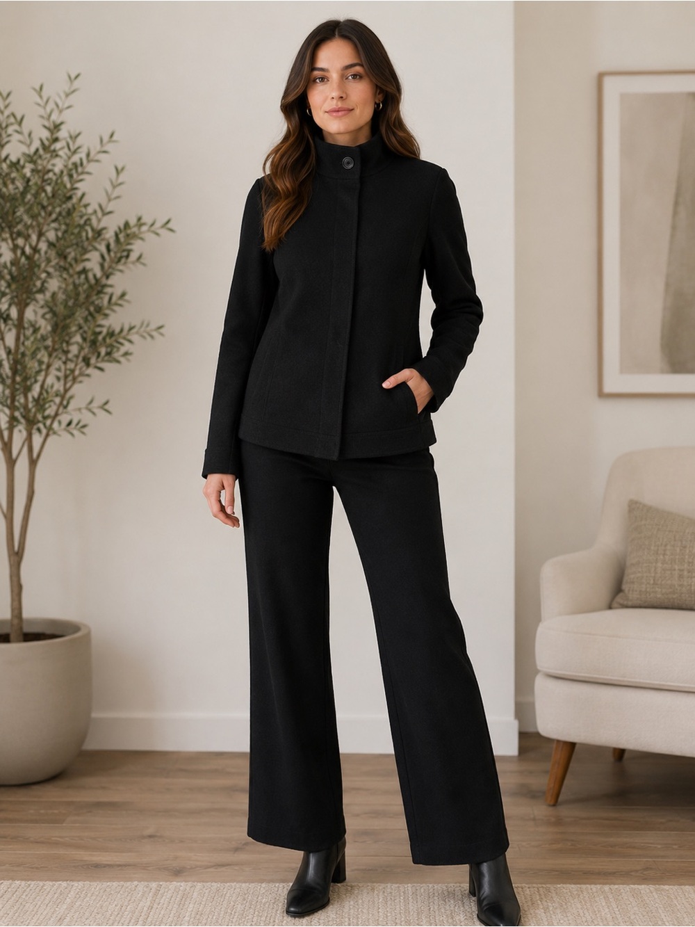 Lafayette 148 New York Black 100% Wool Jacket Coat Hidden Snap Front Sz 12
